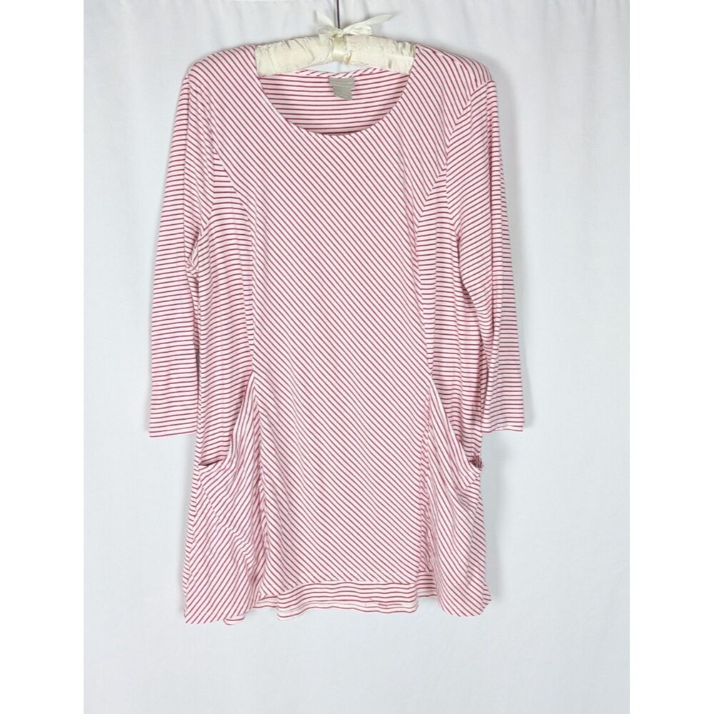 Chico's Women's Red White Striped Mixed Direction Pocket Tunic Blouse 2 L Preppy